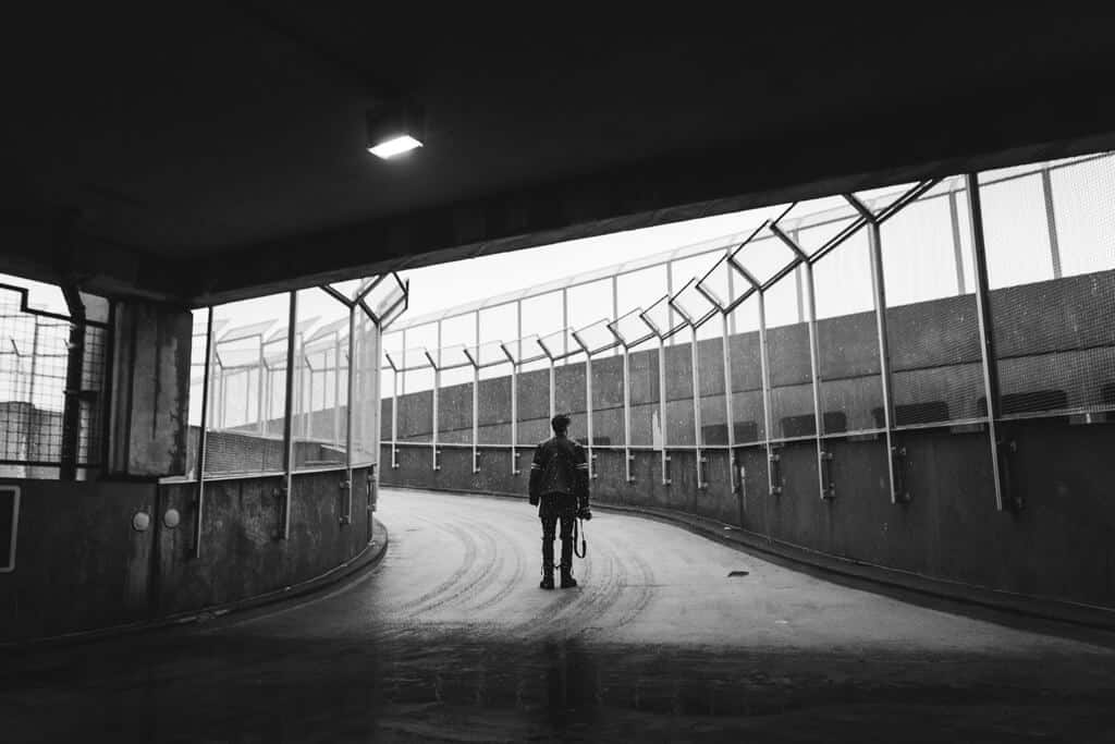 black and white image of a photographer